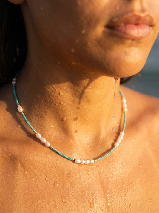 Azure Seed Bead & Pearl Necklace