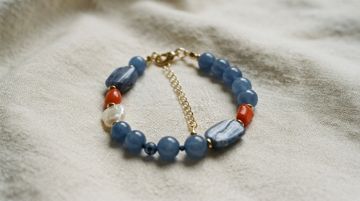 The Voyager Kyanite, Blue Jade, Coral & Baroque Pearl Bracelet