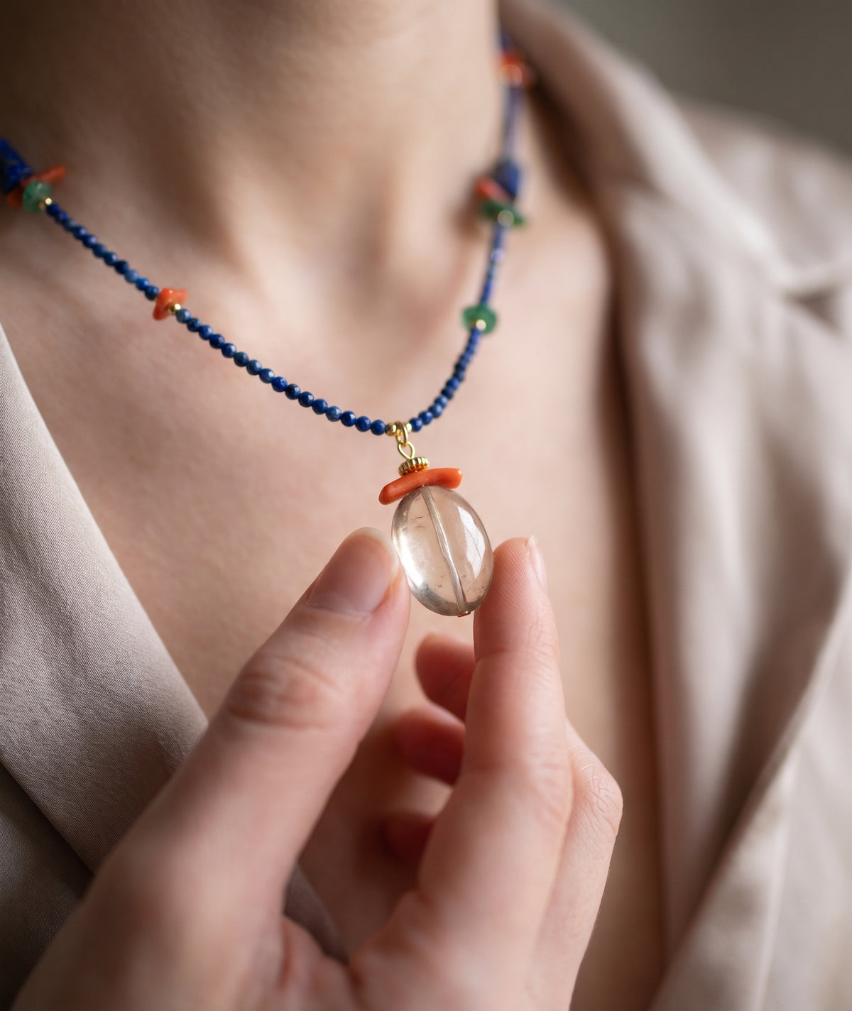 Silk Road Lapis Lazuli, Red Coral & Smoky Quartz Necklace
