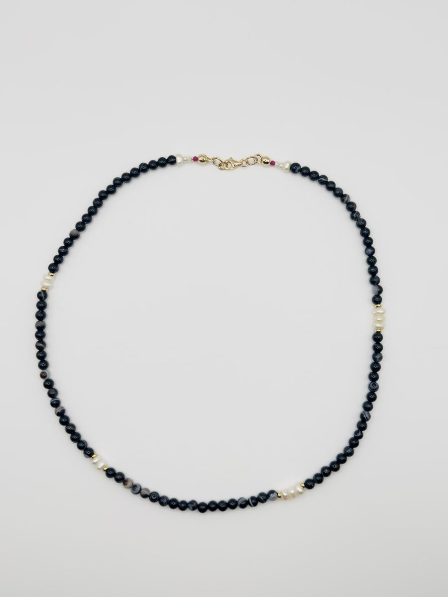 Pearl, ruby and black agate necklace