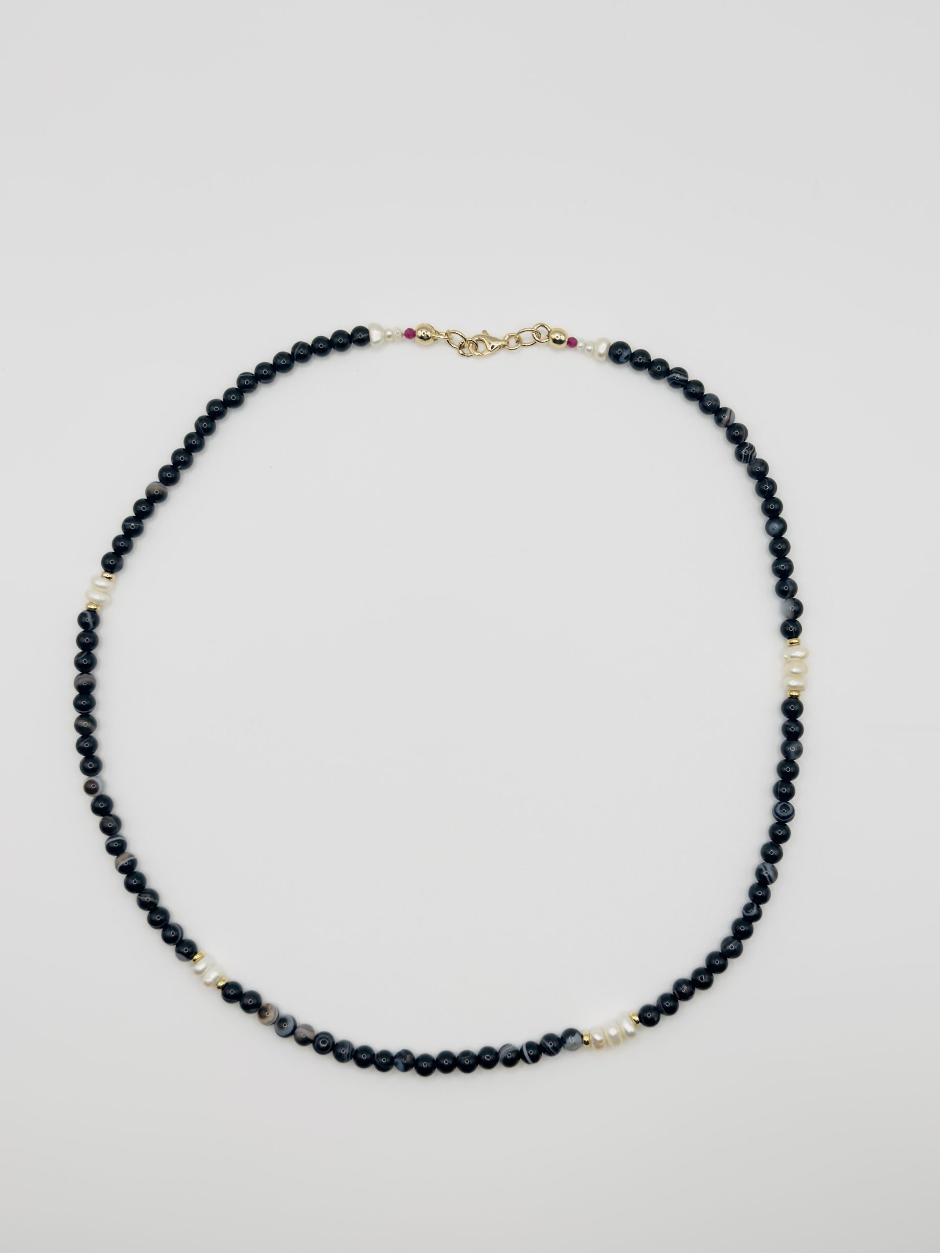 Pearl, ruby and black agate necklace